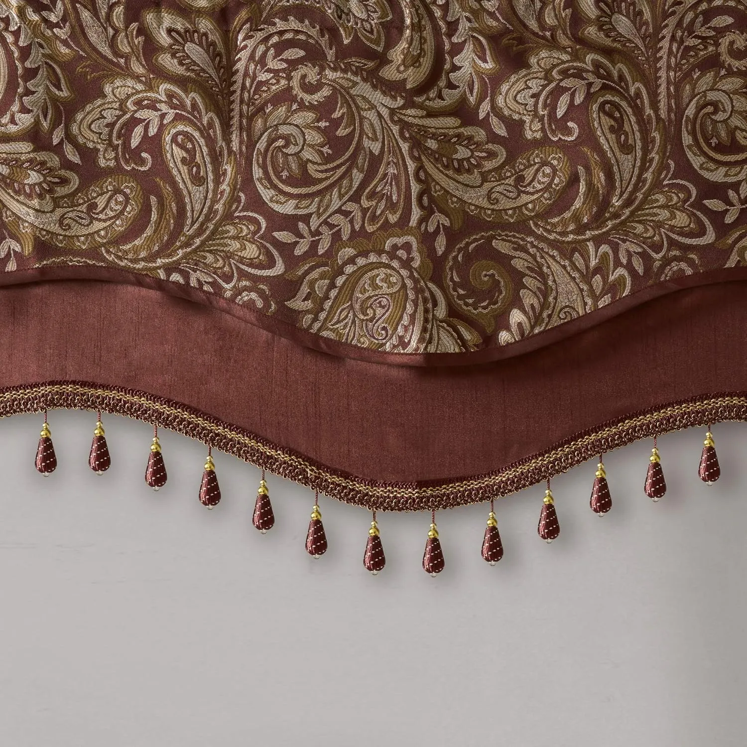 Madison Park Faux Silk Paisley Jacquard, Rod Pocket Curtain with Privacy Lining for Living Room, Kitchen, Bedroom and Dorm, 50 in x 18 in, Burgundy Bead Trim