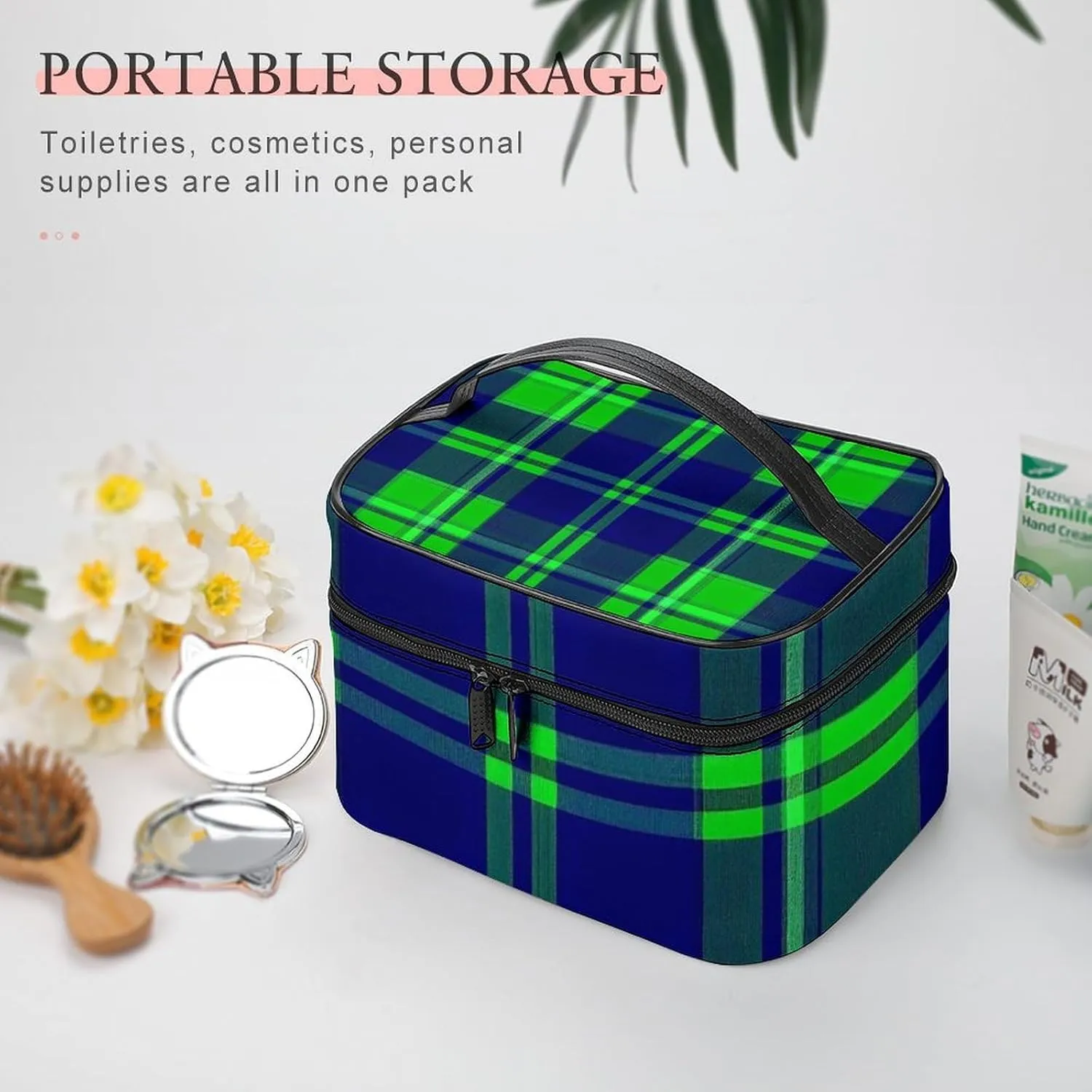 Make Up Bags Blue Green Scottish Tartan Plaid Cosmetics Organizer Case for Women, Travel Toiletry Brushes Storage Bag with Carry Handle