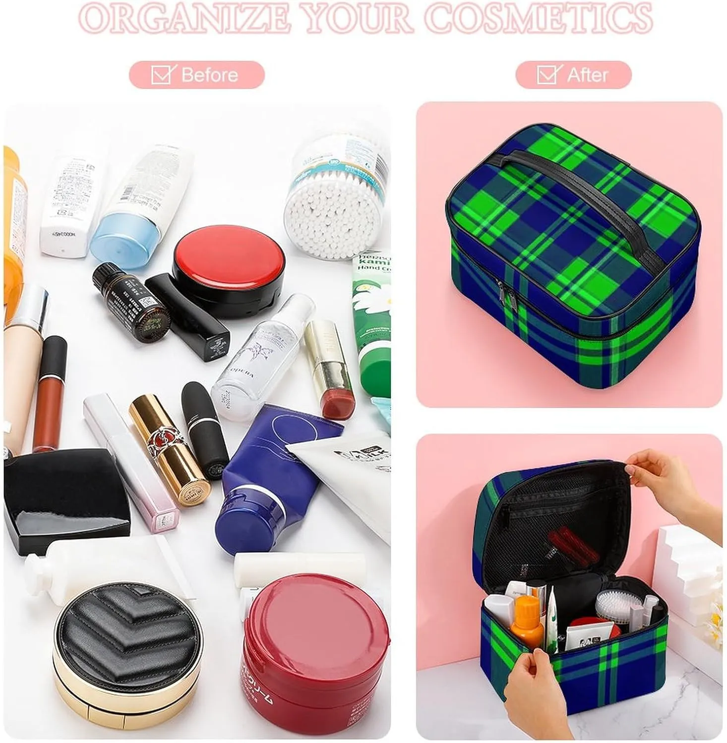 Make Up Bags Blue Green Scottish Tartan Plaid Cosmetics Organizer Case for Women, Travel Toiletry Brushes Storage Bag with Carry Handle