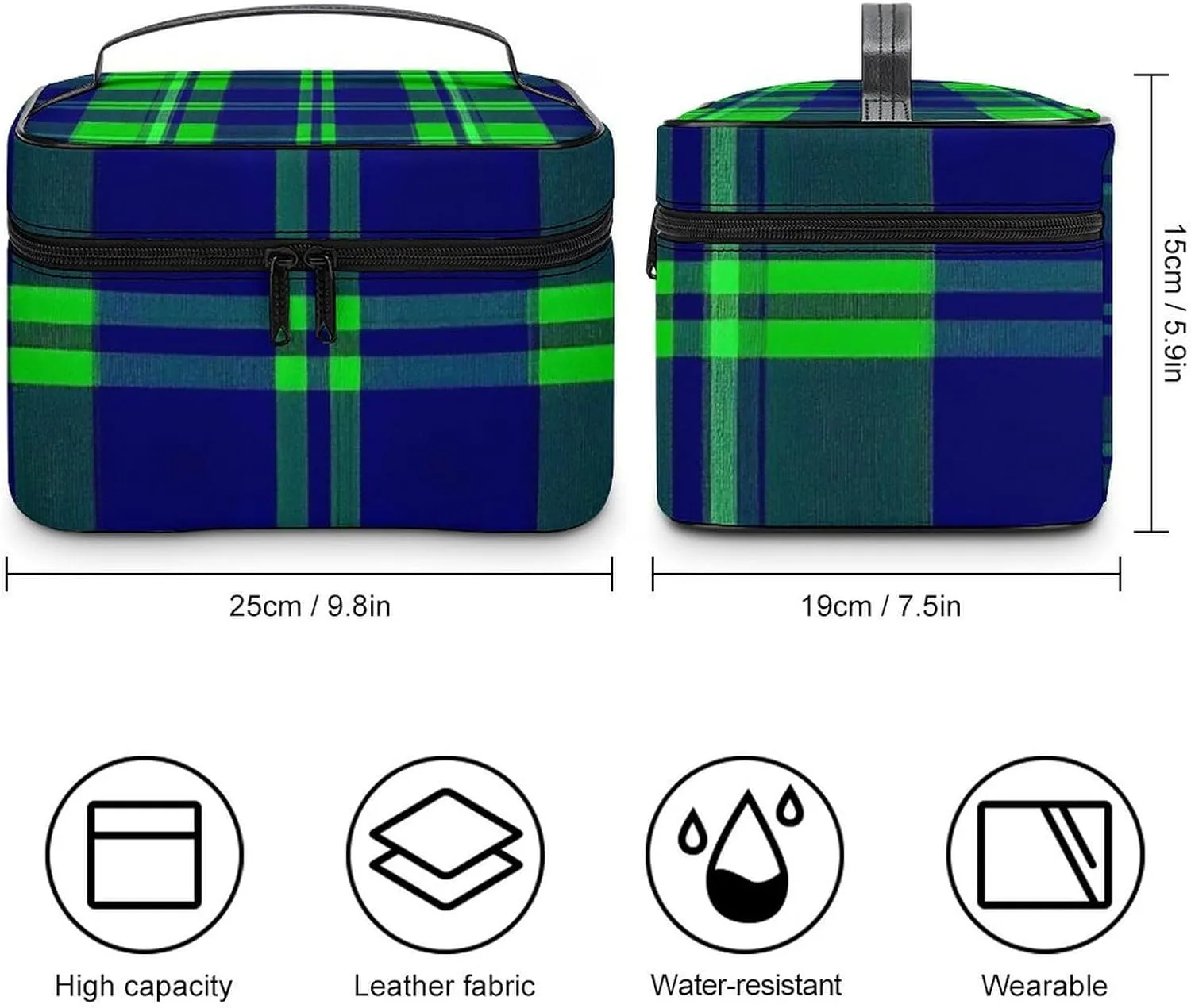 Make Up Bags Blue Green Scottish Tartan Plaid Cosmetics Organizer Case for Women, Travel Toiletry Brushes Storage Bag with Carry Handle
