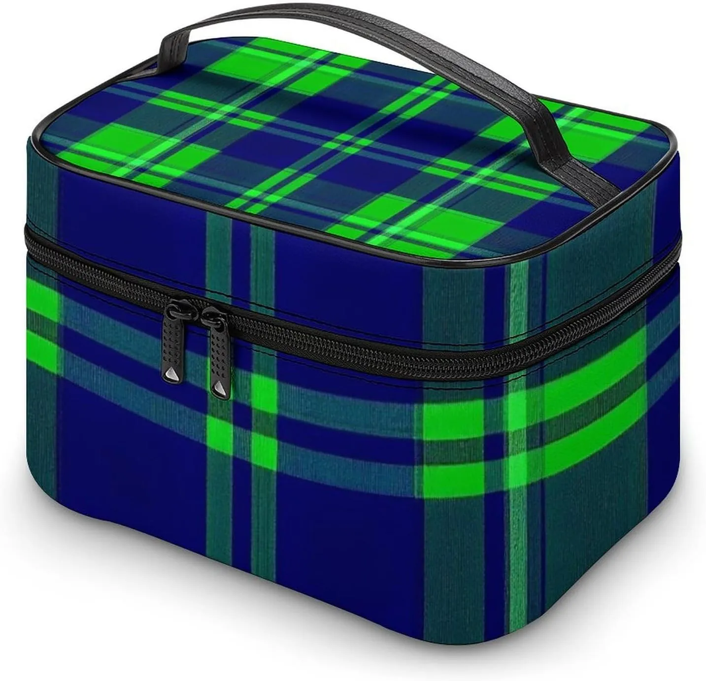 Make Up Bags Blue Green Scottish Tartan Plaid Cosmetics Organizer Case for Women, Travel Toiletry Brushes Storage Bag with Carry Handle