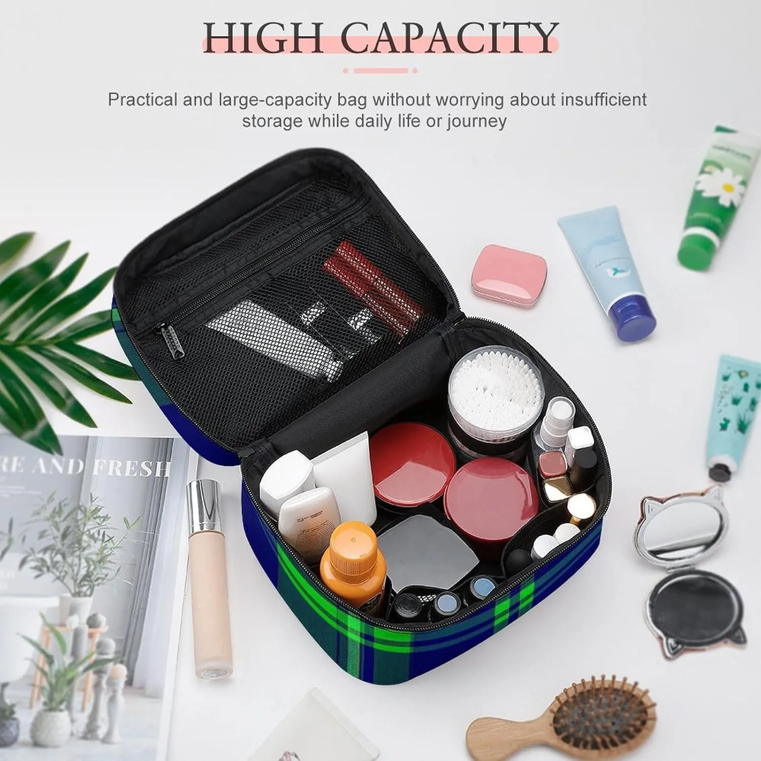 Make Up Bags Blue Green Scottish Tartan Plaid Cosmetics Organizer Case for Women, Travel Toiletry Brushes Storage Bag with Carry Handle