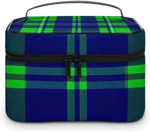 Make Up Bags Blue Green Scottish Tartan Plaid Cosmetics Organizer Case for Women, Travel Toiletry Brushes Storage Bag with Carry Handle