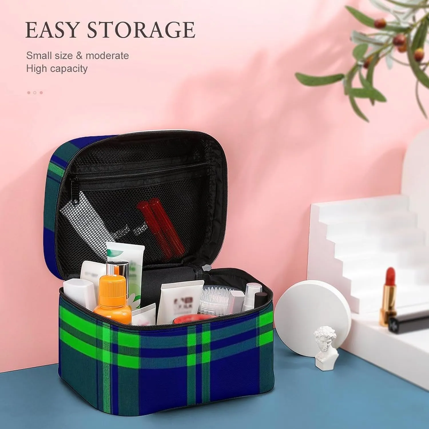 Make Up Bags Blue Green Scottish Tartan Plaid Cosmetics Organizer Case for Women, Travel Toiletry Brushes Storage Bag with Carry Handle