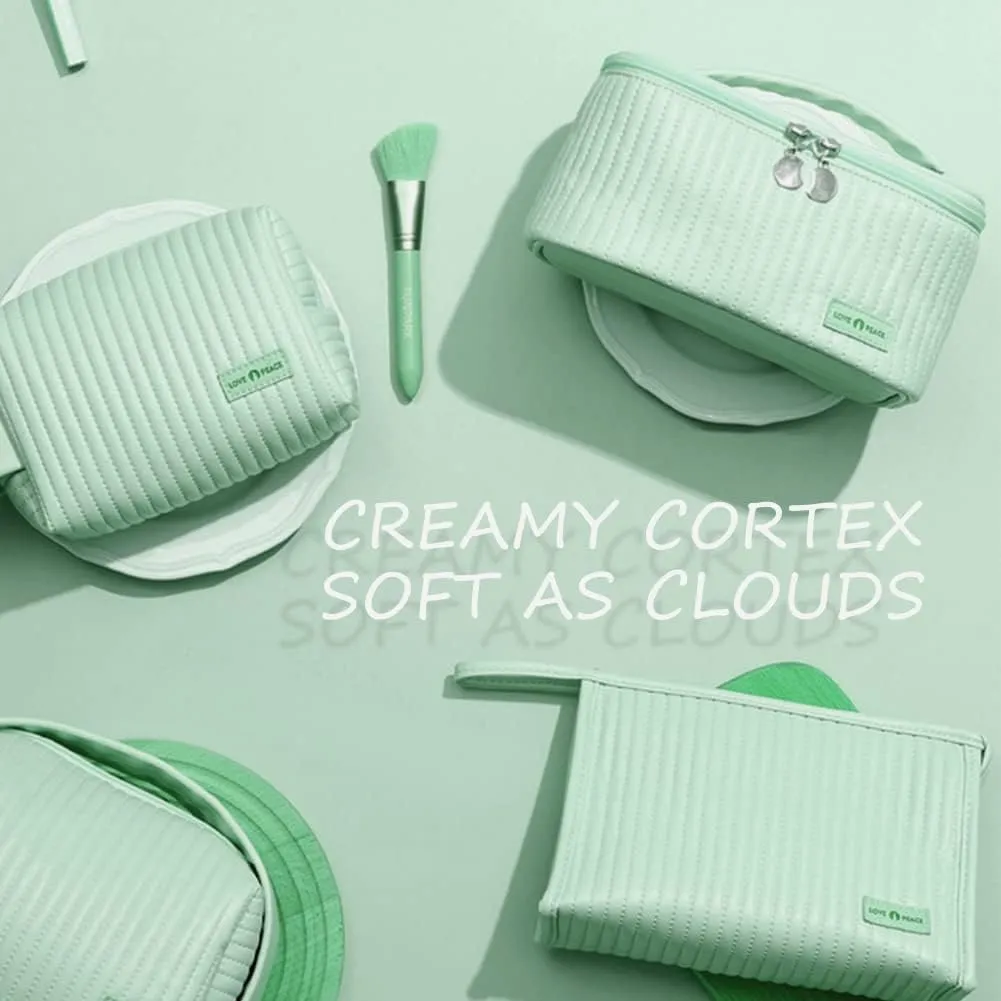 Makeup Bag 3 Pcs Cosmetic Bags Set, PU Striped Leather Toiletry Bag, Portable Waterproof Travel Makeup Organizer, Cute Make up Bags for Women and Girls