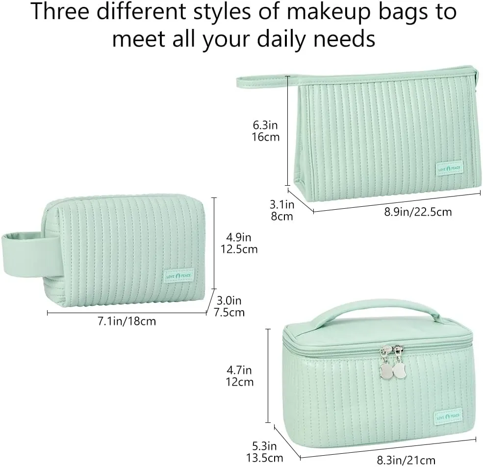 Makeup Bag 3 Pcs Cosmetic Bags Set, PU Striped Leather Toiletry Bag, Portable Waterproof Travel Makeup Organizer, Cute Make up Bags for Women and Girls
