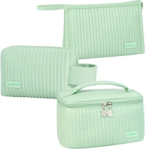 Makeup Bag 3 Pcs Cosmetic Bags Set, PU Striped Leather Toiletry Bag, Portable Waterproof Travel Makeup Organizer, Cute Make up Bags for Women and Girls