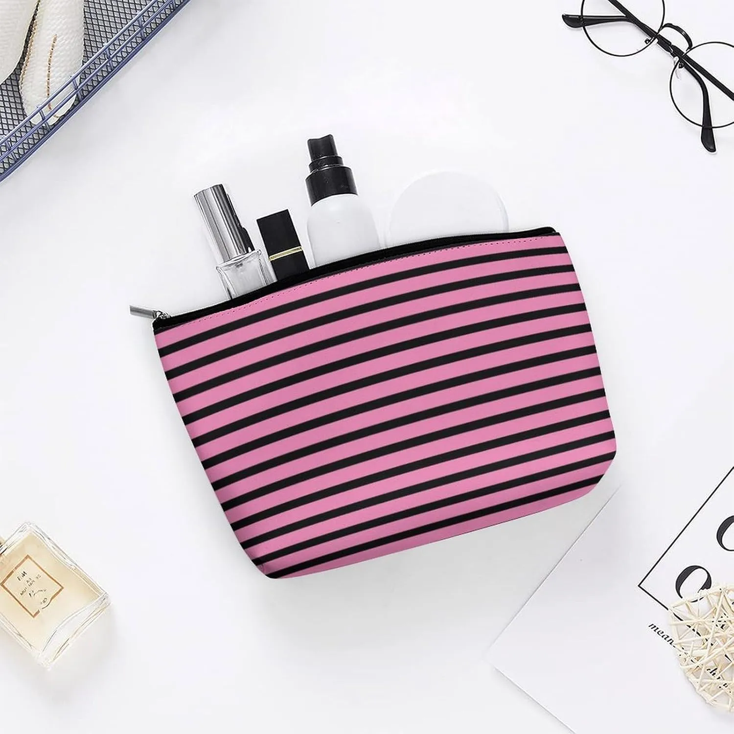 Makeup Bag for Women, Adorable Roomy Zipper Pouch Portable Organizer Cosmetic Bag Travel Storage Accessories (Pink Black Stripes Lines Patterns Girly)
