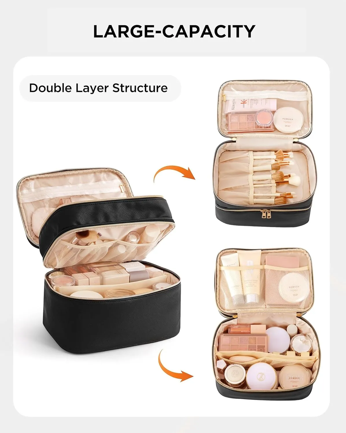 Makeup Bag for Women, X-Large Travel Makeup Bag Organizer, Portable Toiletry Bag, Cute Makeup Bags, Waterproof Leather Cosmetic Bag, Makeup Case with Removable Dividers, Black