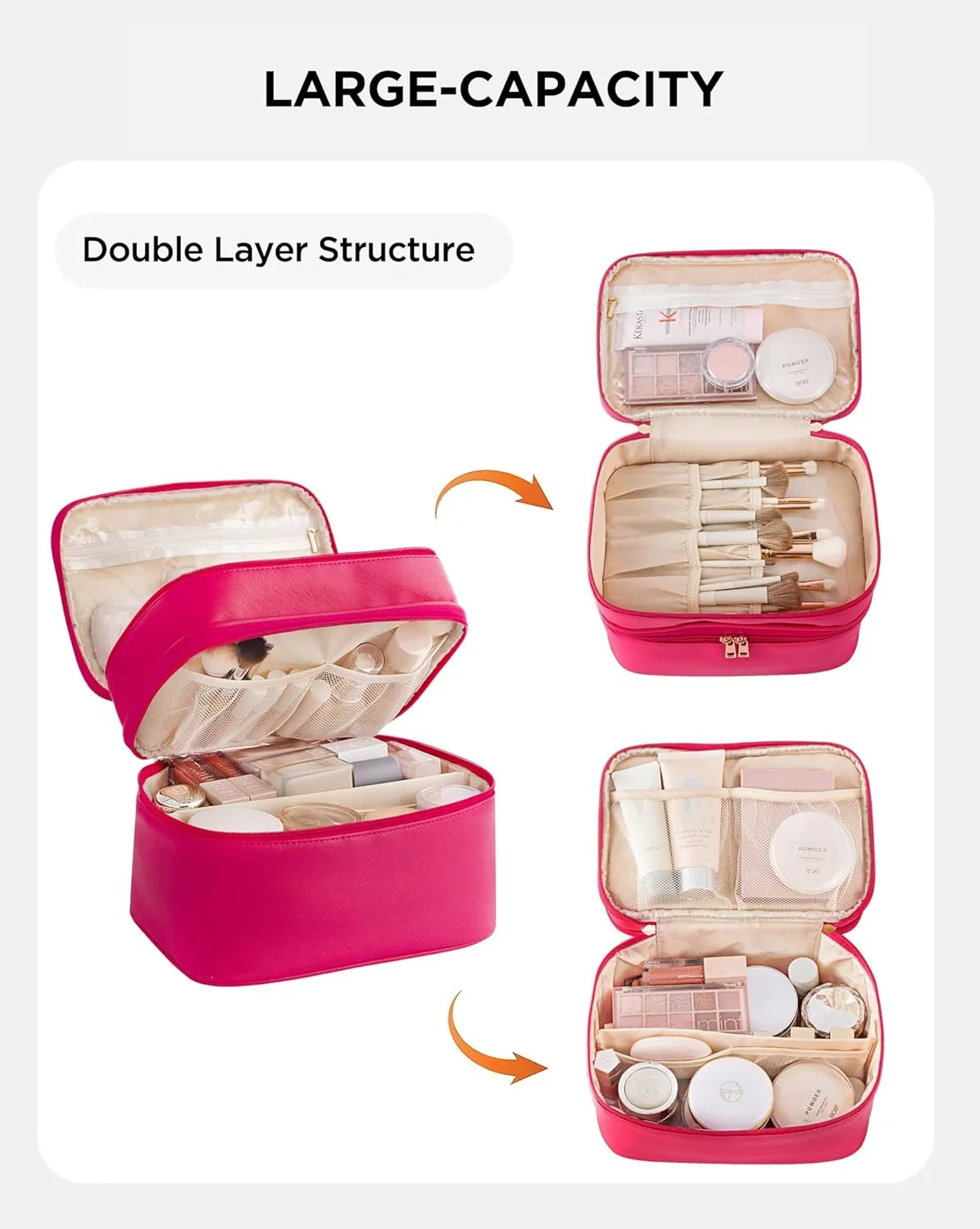Makeup Bag for Women X-Large Travel Makeup Bag Organizer Portable Toiletry Bag Cute Makeup Bags Waterproof Leather Cosmetic Bag Makeup Case with Removable Dividers, Rose Red