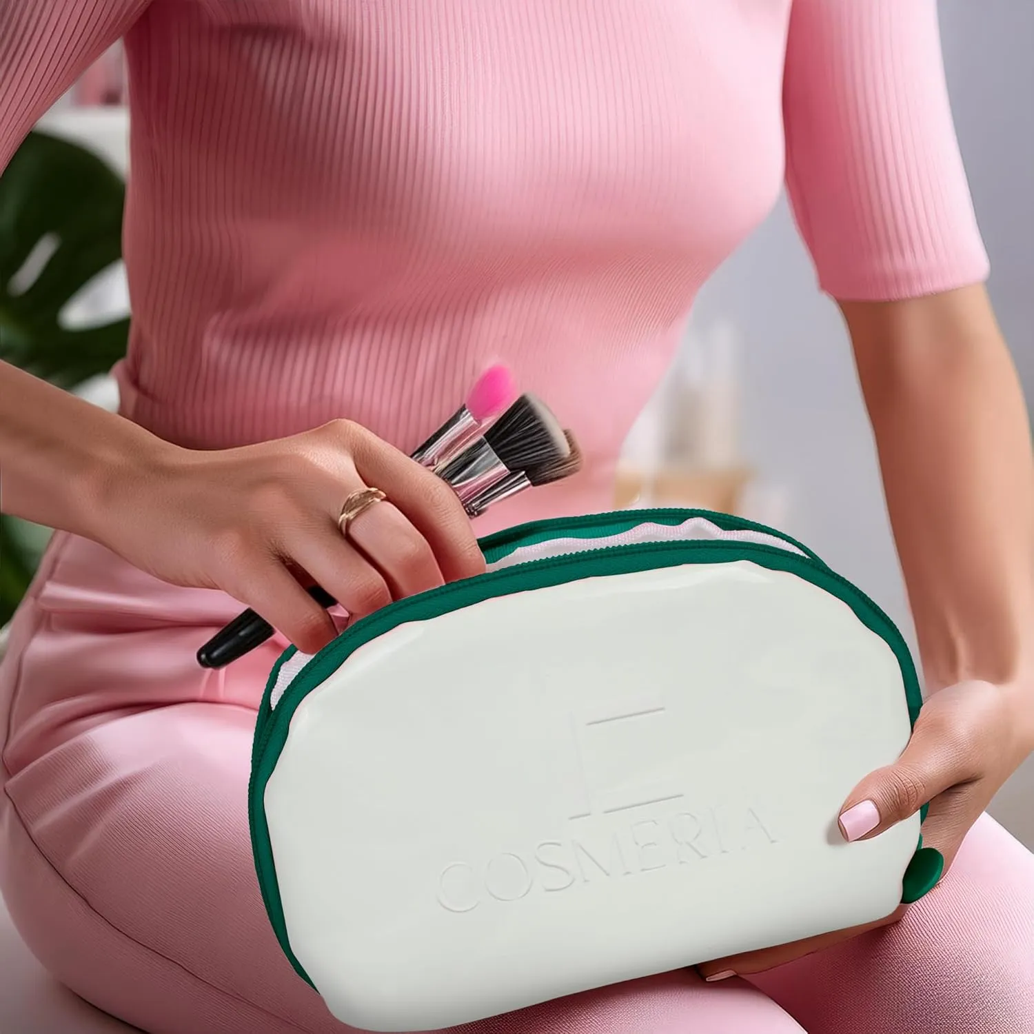 Makeup Bag Organizer & Travel Cosmetic Bag - Toiletry Bag for Women Fits Carry-On and Suitcase - Make Up Faux Patent Leather Pouch with Durable Green Zipper, Medium