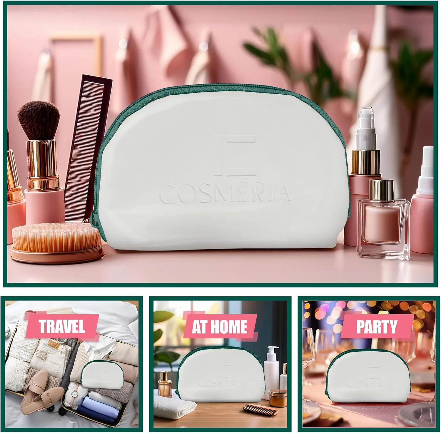 Makeup Bag Organizer & Travel Cosmetic Bag - Toiletry Bag for Women Fits Carry-On and Suitcase - Make Up Faux Patent Leather Pouch with Durable Green Zipper, Medium