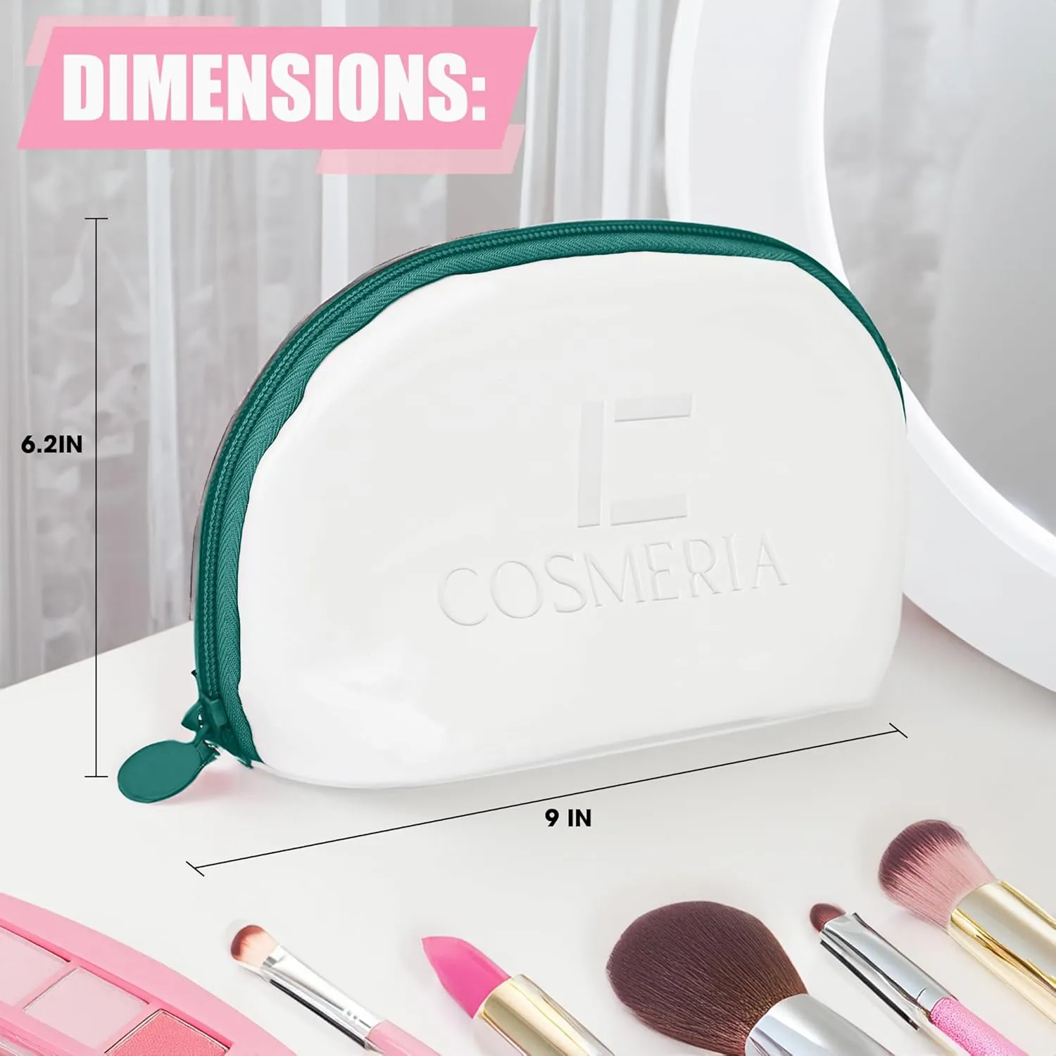 Makeup Bag Organizer & Travel Cosmetic Bag - Toiletry Bag for Women Fits Carry-On and Suitcase - Make Up Faux Patent Leather Pouch with Durable Green Zipper, Medium