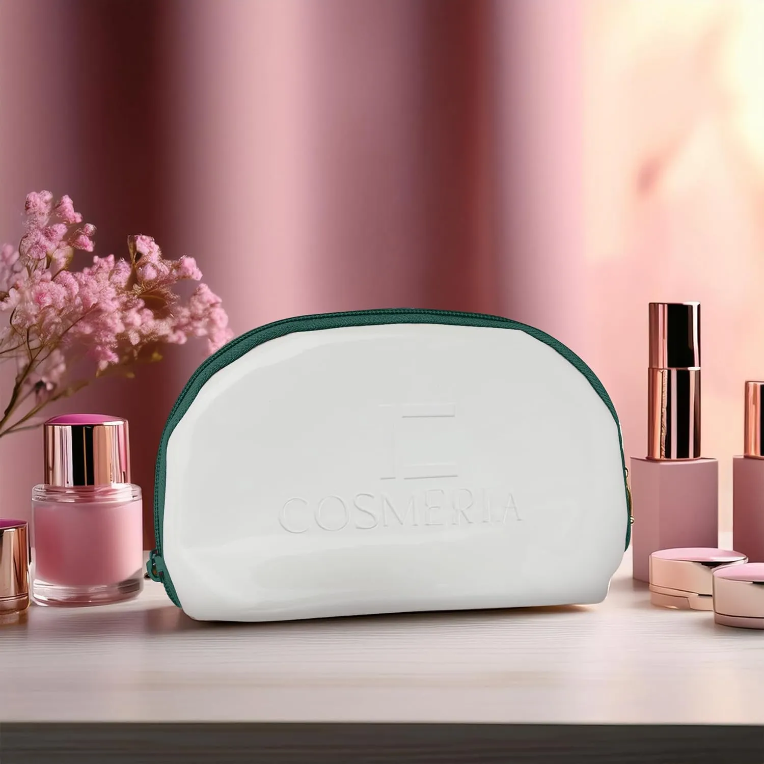 Makeup Bag Organizer & Travel Cosmetic Bag - Toiletry Bag for Women Fits Carry-On and Suitcase - Make Up Faux Patent Leather Pouch with Durable Green Zipper, Medium