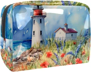 Makeup Bag Small,Makeup Travel Bag,Flower Bush Summer Lighthouse,Makeup Organizer Bag