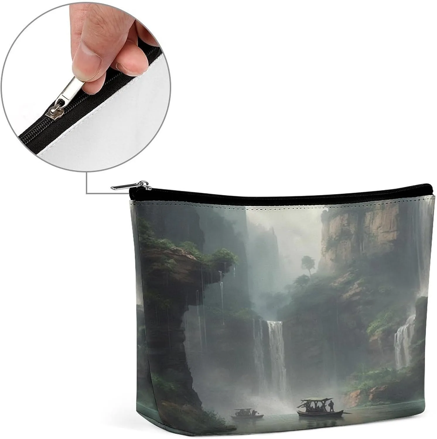 Makeup Bag Travel Cosmetic Bag Portable Boat And Waterfall Toiletry Bag Large Capacity Zipper Pouch Makeup Organizer Case Waterproof Toiletry Pouch for Women Men