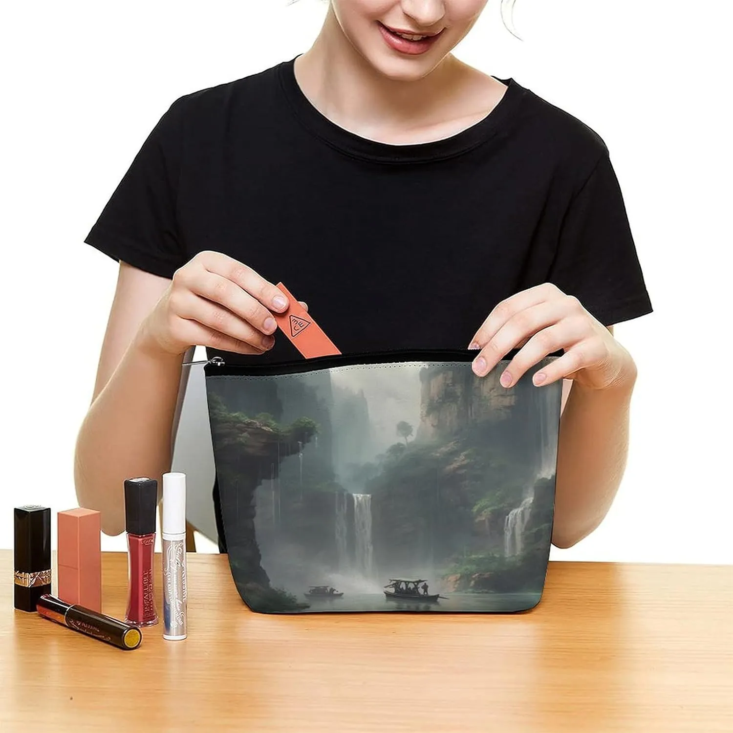 Makeup Bag Travel Cosmetic Bag Portable Boat And Waterfall Toiletry Bag Large Capacity Zipper Pouch Makeup Organizer Case Waterproof Toiletry Pouch for Women Men
