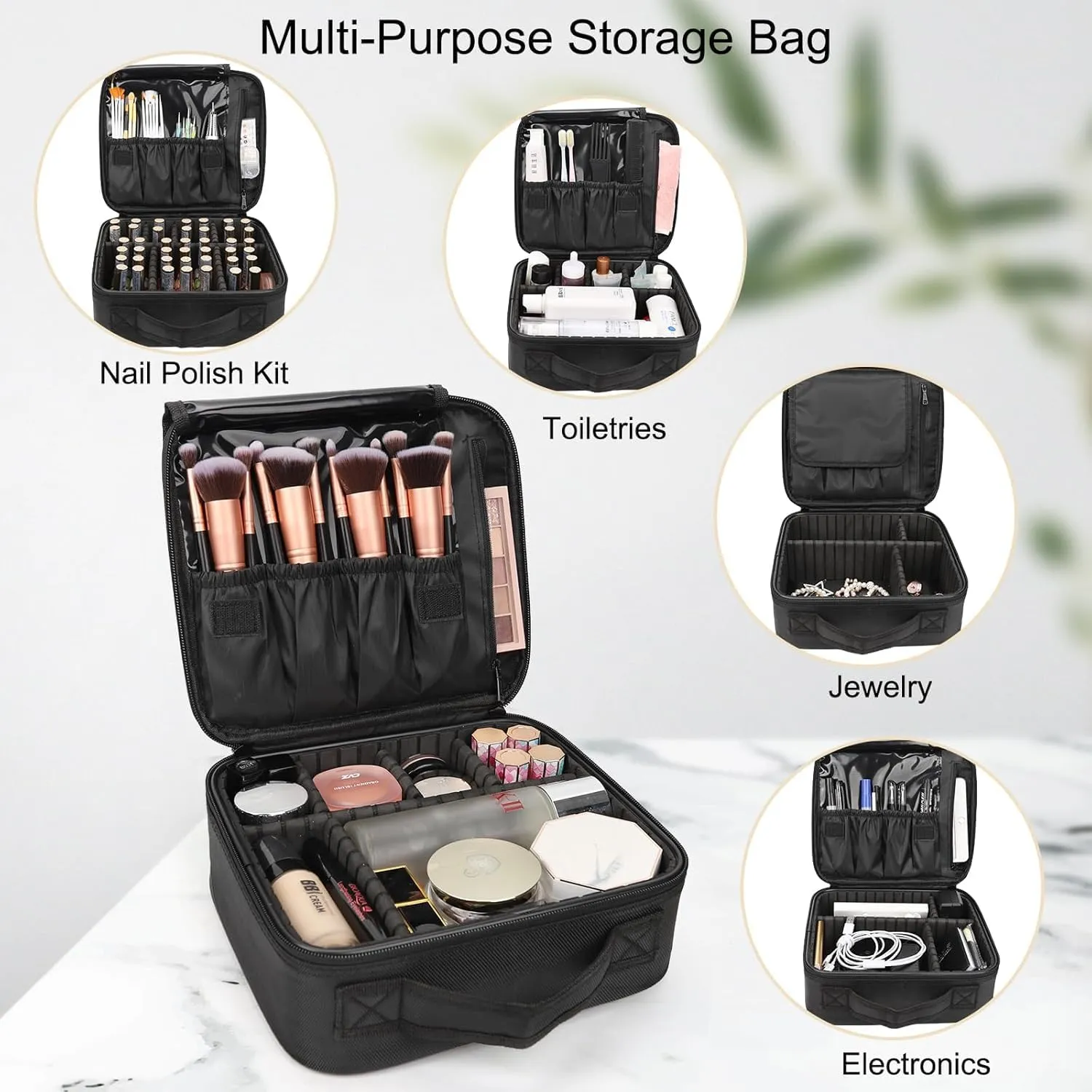 Makeup Bag | Waterproof Travel Cosmetic Organizer with Adjustable Dividers | Portable Beauty Case for Brushes, Toiletries & Accessories (Black, Small)