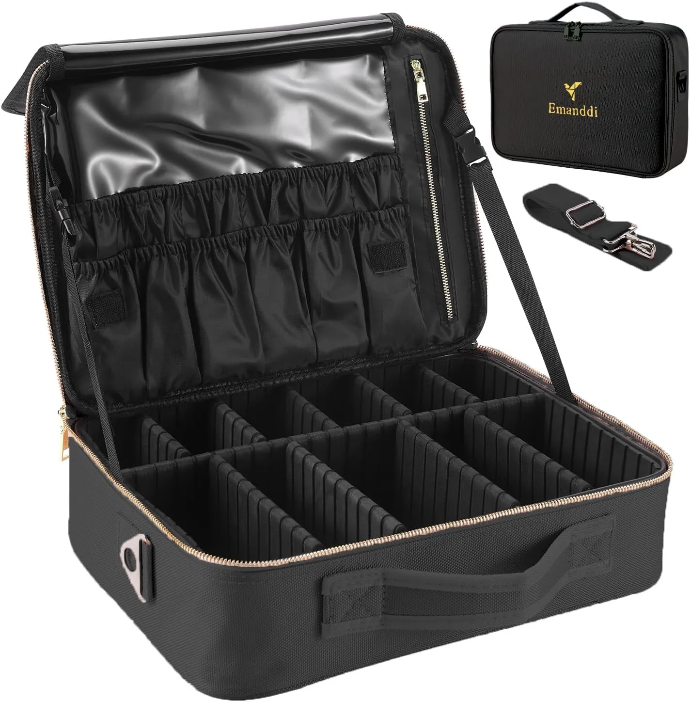 Makeup Bag | Waterproof Travel Cosmetic Organizer with Adjustable Dividers | Portable Beauty Case for Brushes, Toiletries & Accessories (Black, Small)