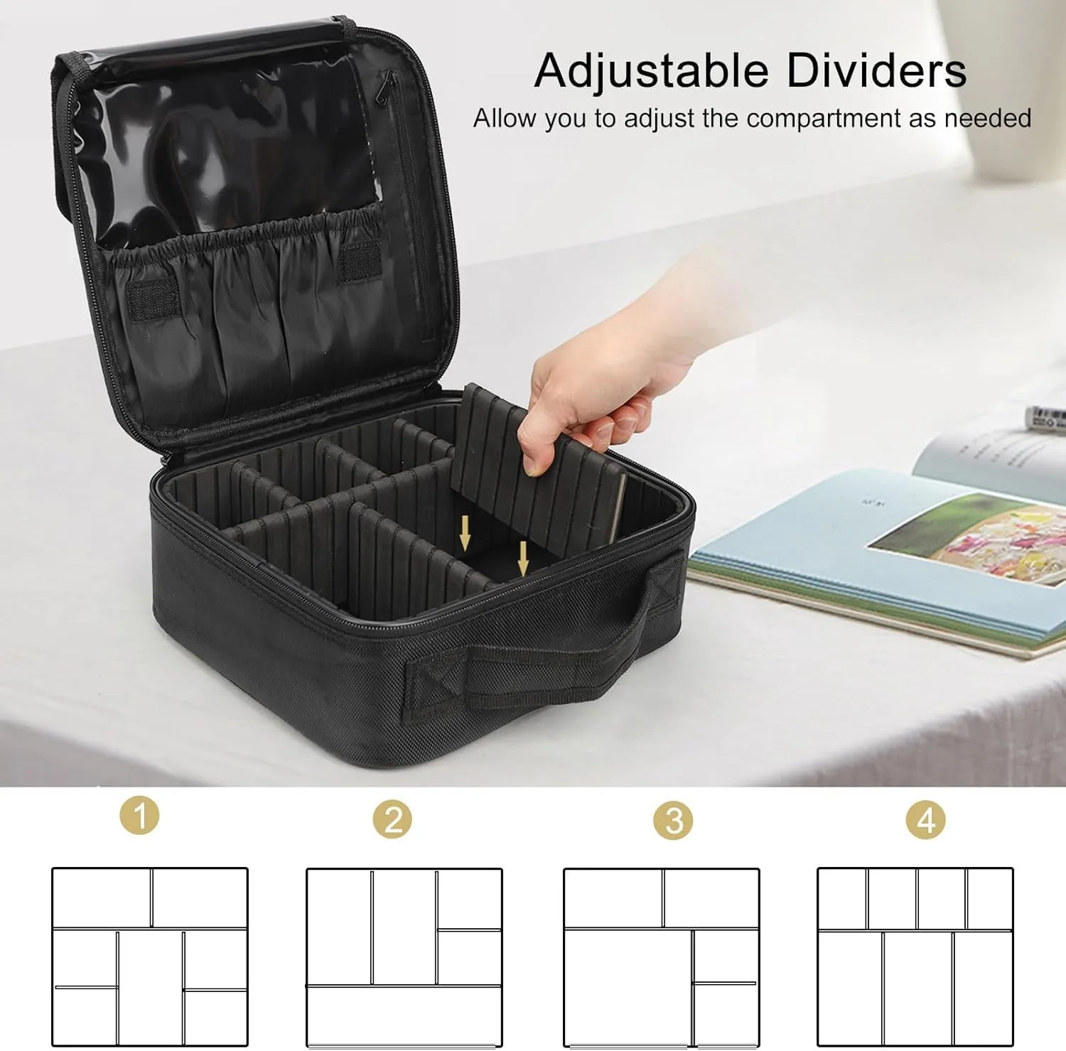 Makeup Bag | Waterproof Travel Cosmetic Organizer with Adjustable Dividers | Portable Beauty Case for Brushes, Toiletries & Accessories (Black, Small)