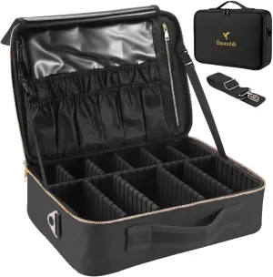 Makeup Bag | Waterproof Travel Cosmetic Organizer with Adjustable Dividers | Portable Beauty Case for Brushes, Toiletries & Accessories (Black, Small)