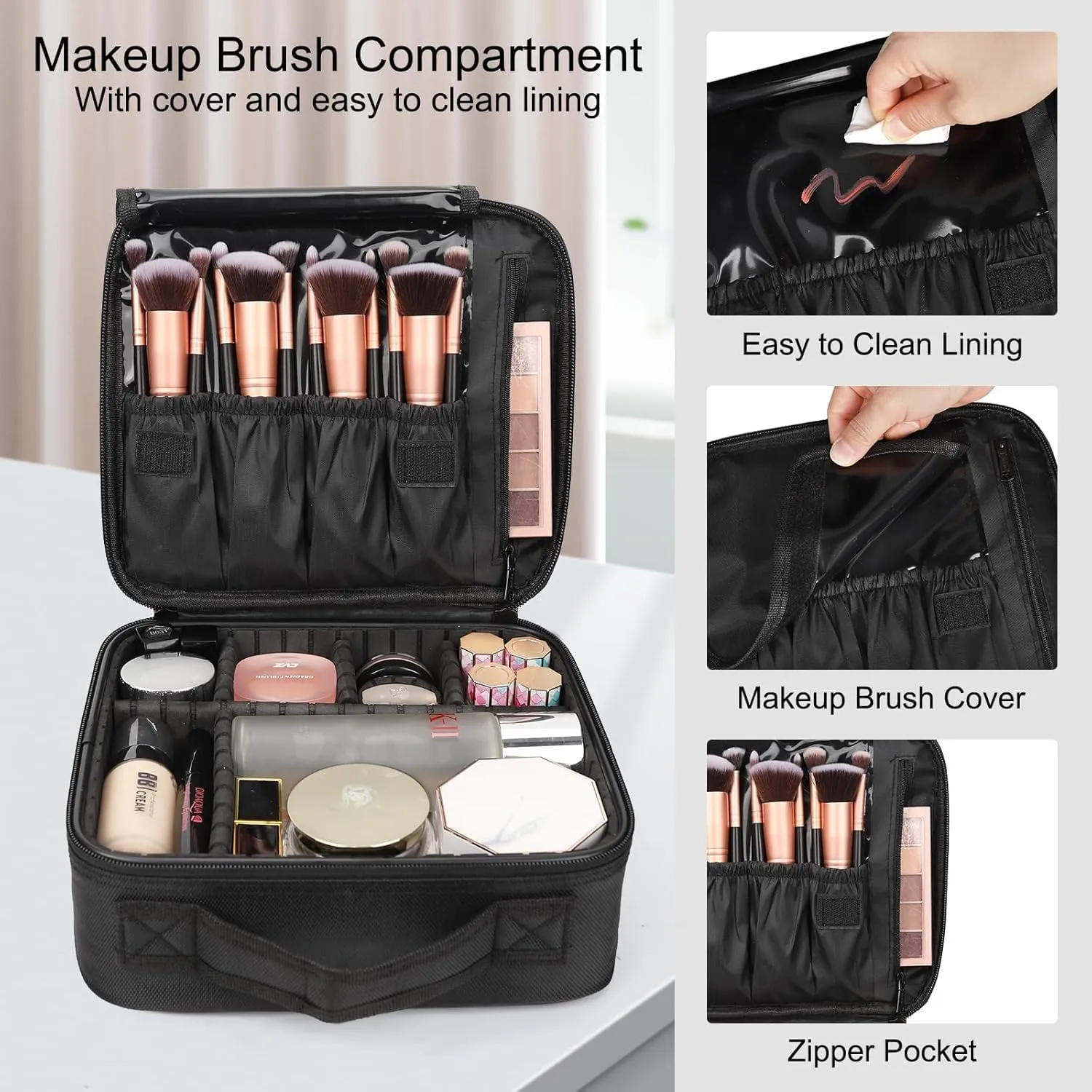 Makeup Bag | Waterproof Travel Cosmetic Organizer with Adjustable Dividers | Portable Beauty Case for Brushes, Toiletries & Accessories (Black, Small)