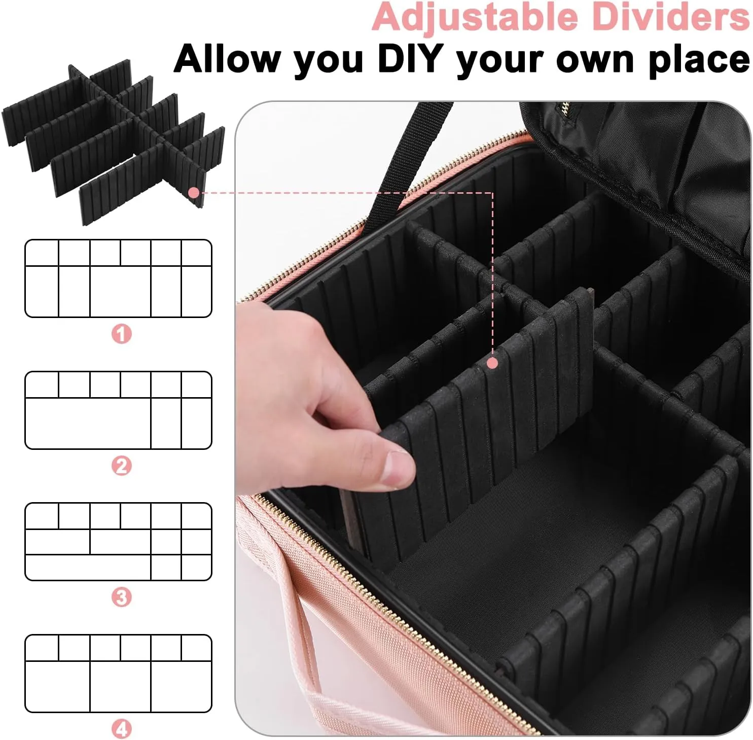 Makeup Bag | Waterproof Travel Cosmetic Organizer with Adjustable Dividers | Portable Beauty Case for Brushes, Toiletries & Accessories (Pink, Small)