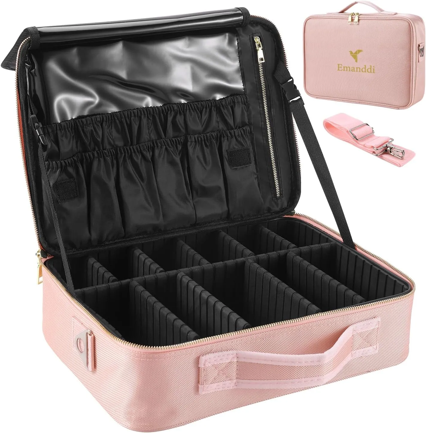 Makeup Bag | Waterproof Travel Cosmetic Organizer with Adjustable Dividers | Portable Beauty Case for Brushes, Toiletries & Accessories (Pink, Small)