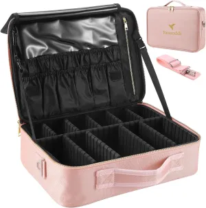Makeup Bag | Waterproof Travel Cosmetic Organizer with Adjustable Dividers | Portable Beauty Case for Brushes, Toiletries & Accessories (Pink, Small)