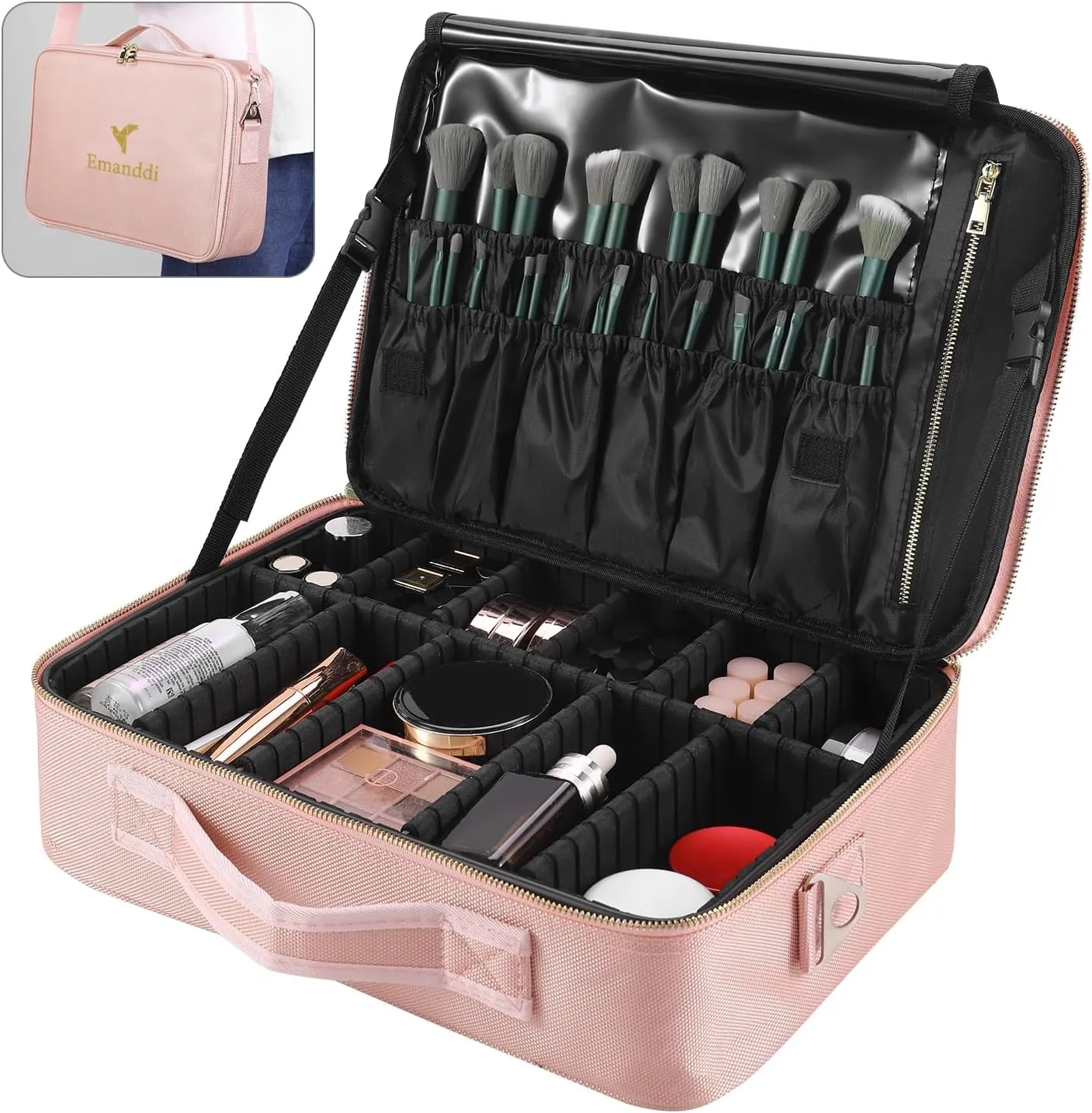 Makeup Bag | Waterproof Travel Cosmetic Organizer with Adjustable Dividers | Portable Beauty Case for Brushes, Toiletries & Accessories (Pink, Small)