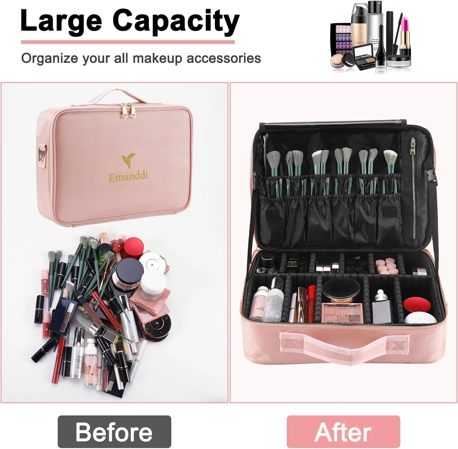 Makeup Bag | Waterproof Travel Cosmetic Organizer with Adjustable Dividers | Portable Beauty Case for Brushes, Toiletries & Accessories (Pink, Small)