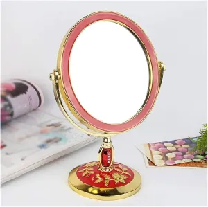 Makeup Mirror Makeup Mirror European-Style Table Mirror,Double-Sided Makeup Mirror,Rotatable,Beautiful and Practical,Portable Cosmetic Mirror Portable Small Mirror (Color : Red)