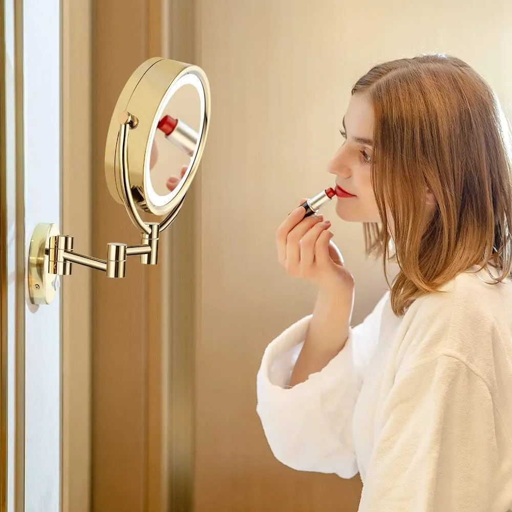Makeup Mirror Wall Mounted Round Make Up Mirror 360 Rotation Elegant Design Would Be Suitable for Any Family (Color : Gold)