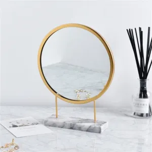 Marble Round Mirror Wrought Iron Dresser Bedroom Makeup Mirror Room Decoration Standing Mirror (Color : A, Size