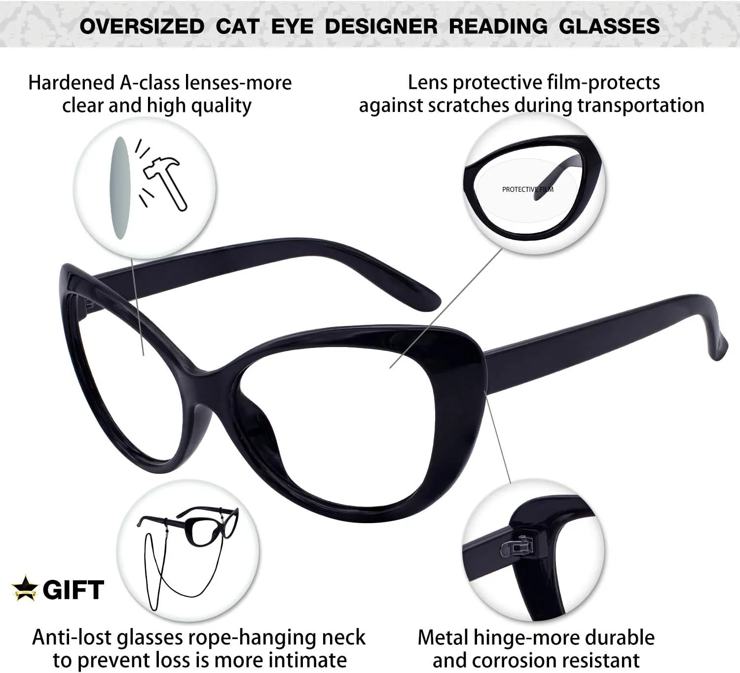 MARE AZZURO Oversized Reading Glasses Women Stylish Cat Eye Readers 0 1.0 1.5 2.0 2.5 3.0 3.5
