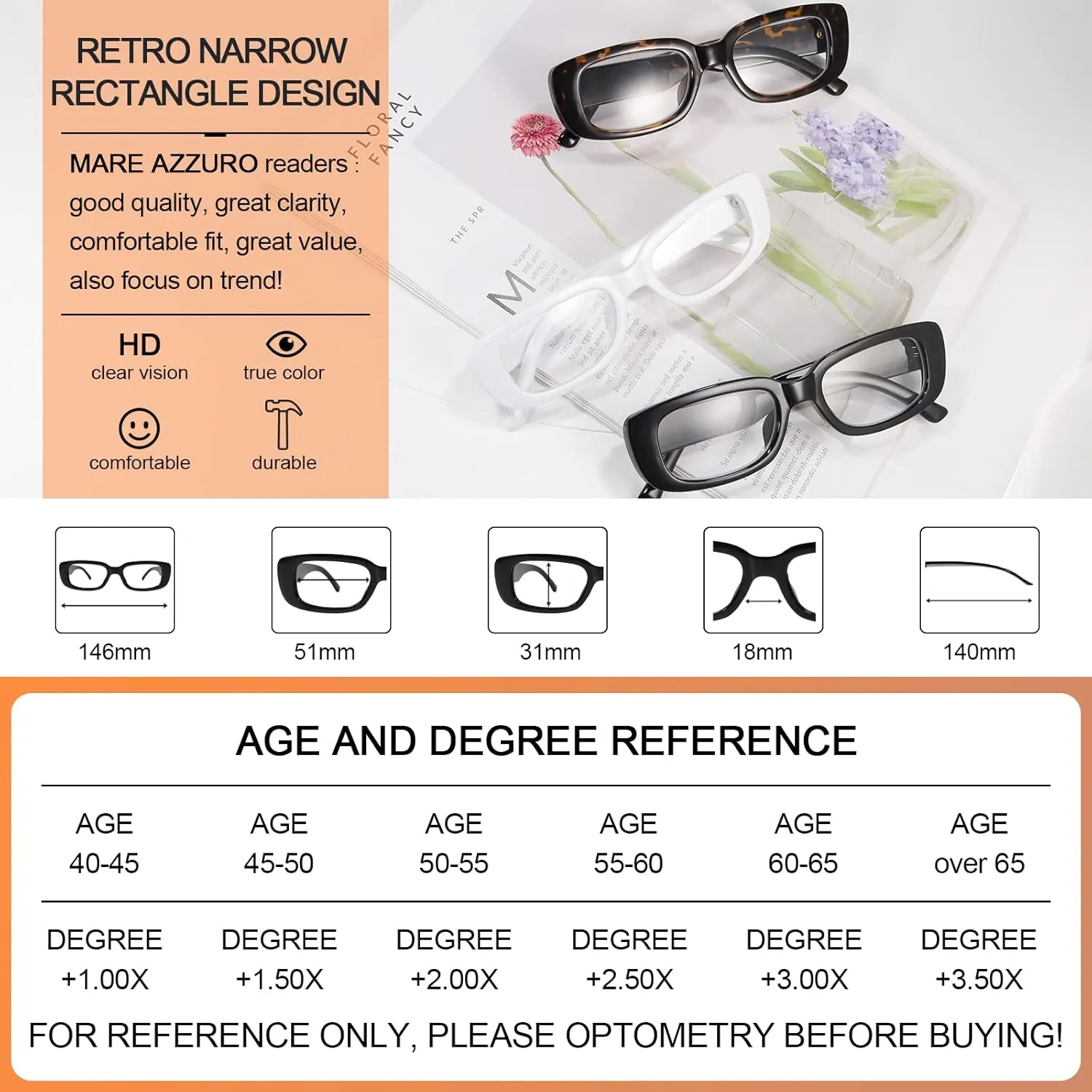 MARE AZZURO Stylish Reading Glasses Women Unique Readers 0 100 125 150 175 200 225 250 275 300 350 400 500 600 (White, 2.00)