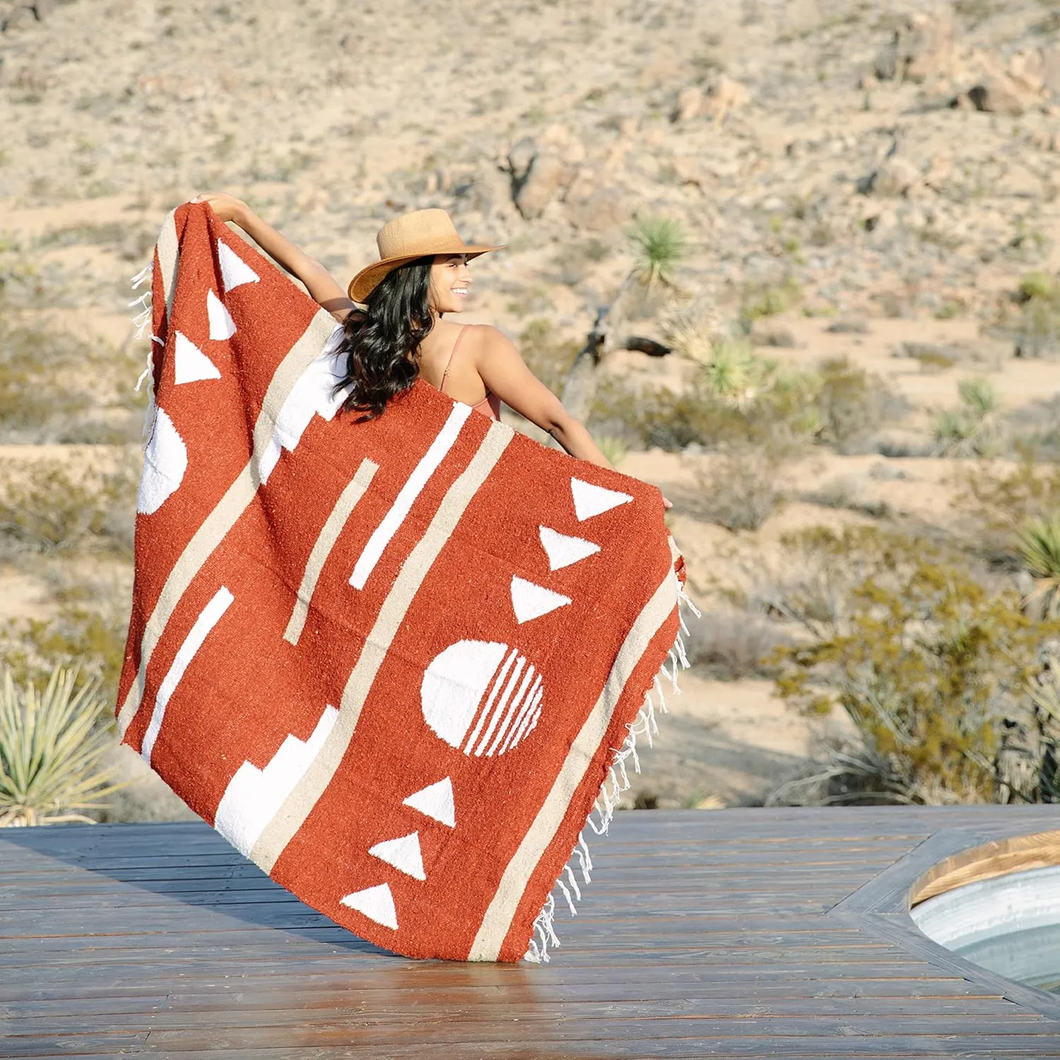 Maroon and Tan Mexican Blanket by Laguna Beach Textile Co - Beach, Yoga, Camping, or Decorative Throw Blanket - Traditional Handmade Serape - Brick Sol
