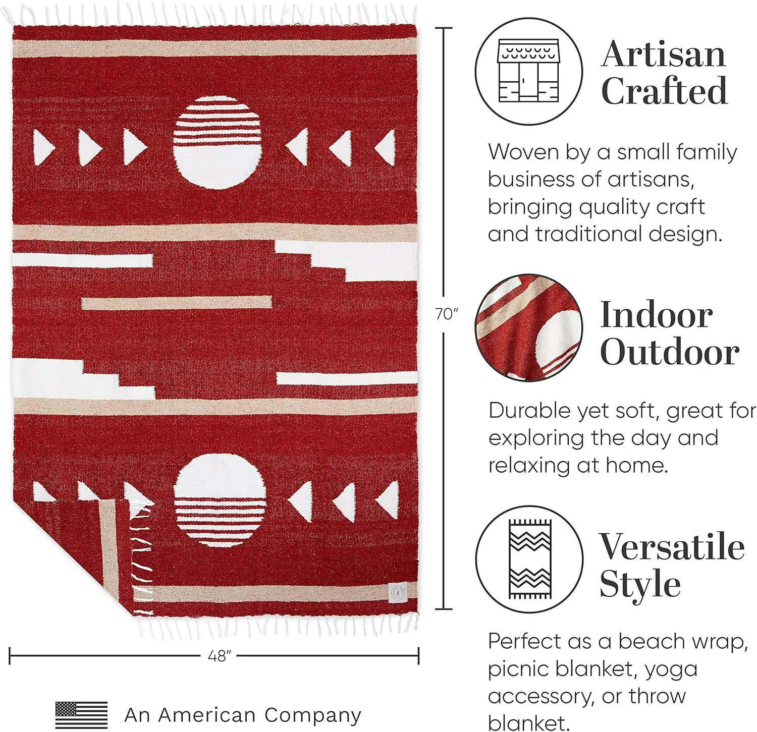 Maroon and Tan Mexican Blanket by Laguna Beach Textile Co - Beach, Yoga, Camping, or Decorative Throw Blanket - Traditional Handmade Serape - Brick Sol