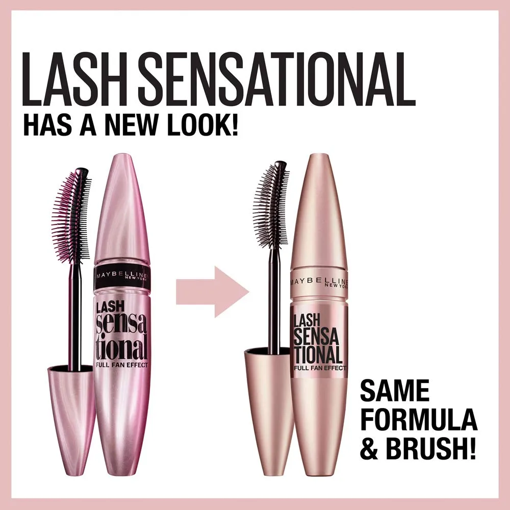 Maybelline Lash Sensational Washable Mascara, Lengthening and Volumizing for a Full Fan Effect, Blackest Black, 2 Count