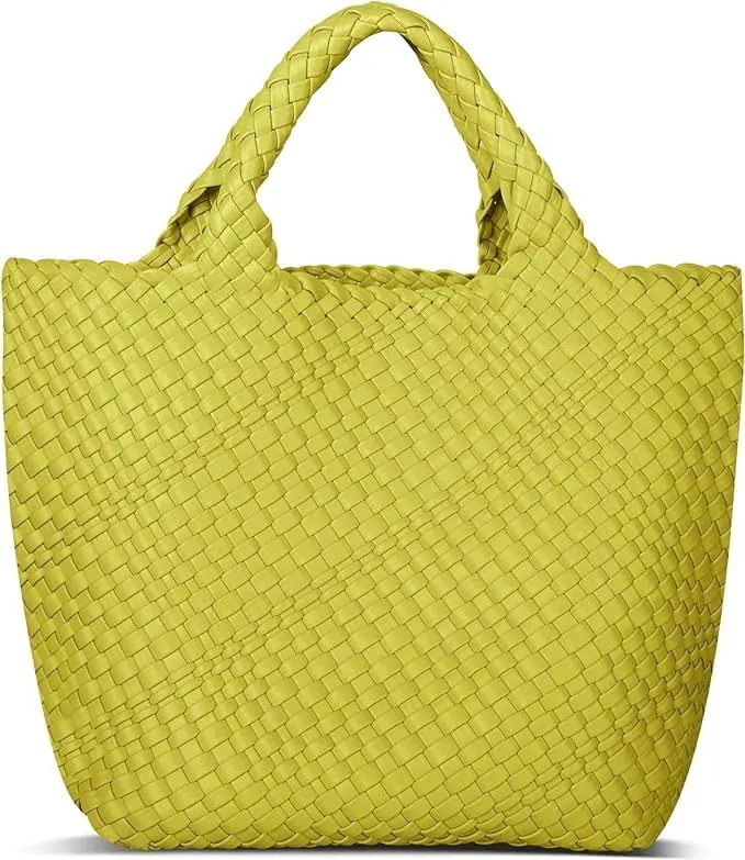 MECOLOR Womens Vegan Leather Woven Bag with Purse, Handmade Beach Tote Bag Top-handle Handbags (Chartreuse)