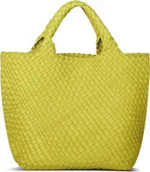 MECOLOR Womens Vegan Leather Woven Bag with Purse, Handmade Beach Tote Bag Top-handle Handbags (Chartreuse)
