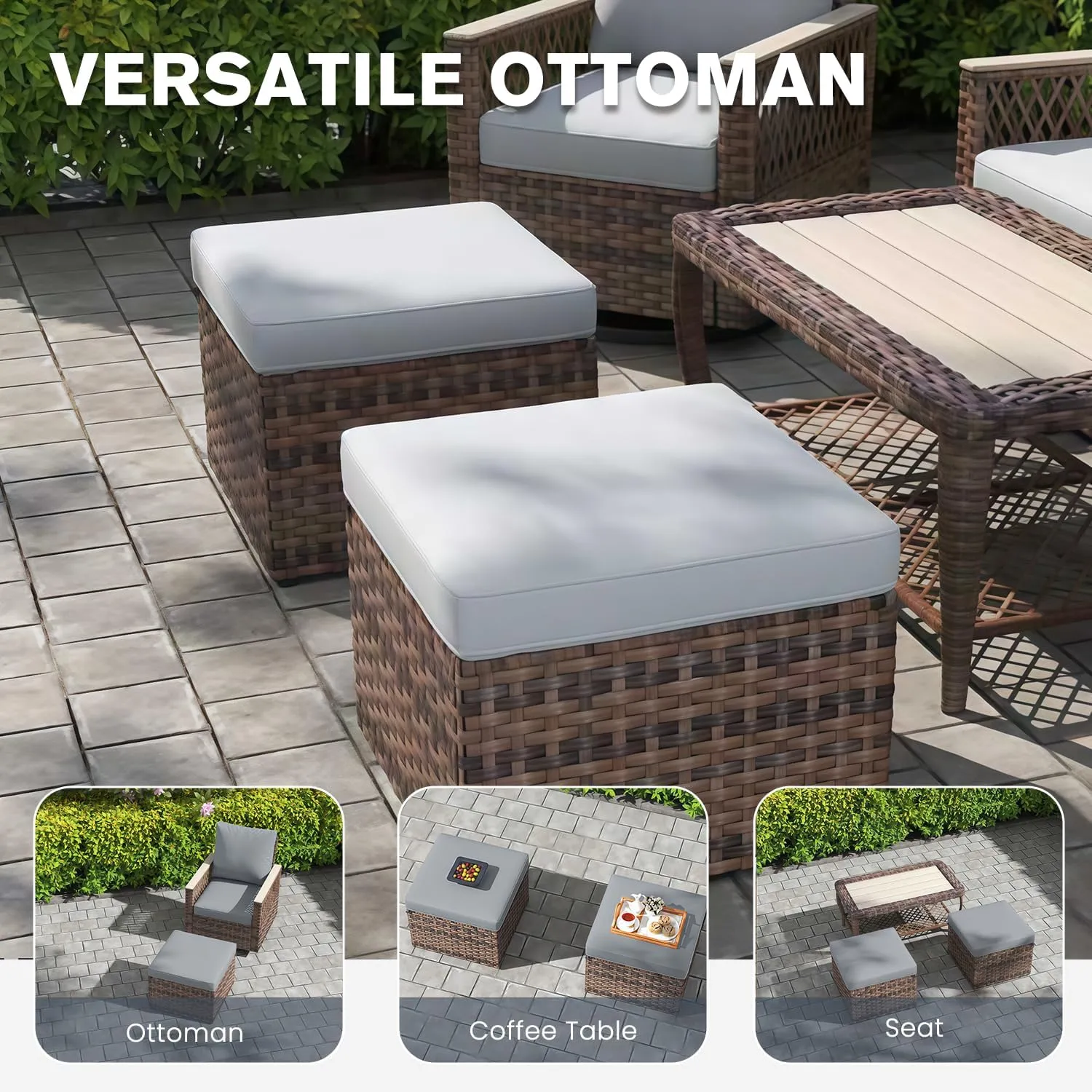 MELLCOM 7-Piece Patio Furniture Set, Outdoor Swivel Glide Chairs with Ottomans, 3-Seat Sofa, Loveseat & Dining Table, All-Weather Conversation Set with Water-Resistant Cushion & High Back for Backyard