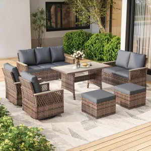 MELLCOM 7-Piece Patio Furniture Set, Outdoor Swivel Glide Chairs with Ottomans, 3-Seat Sofa, Loveseat & Dining Table, All-Weather Conversation Set with Water-Resistant Cushion & High Back for Backyard