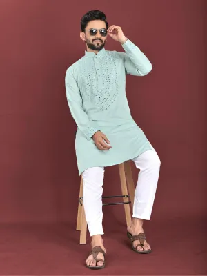 Men's Kurta set mirror work with Pajama for indian festival wedding Soft Silk Ethnic Wear (BB-KN) (Sky Blue, Medium)