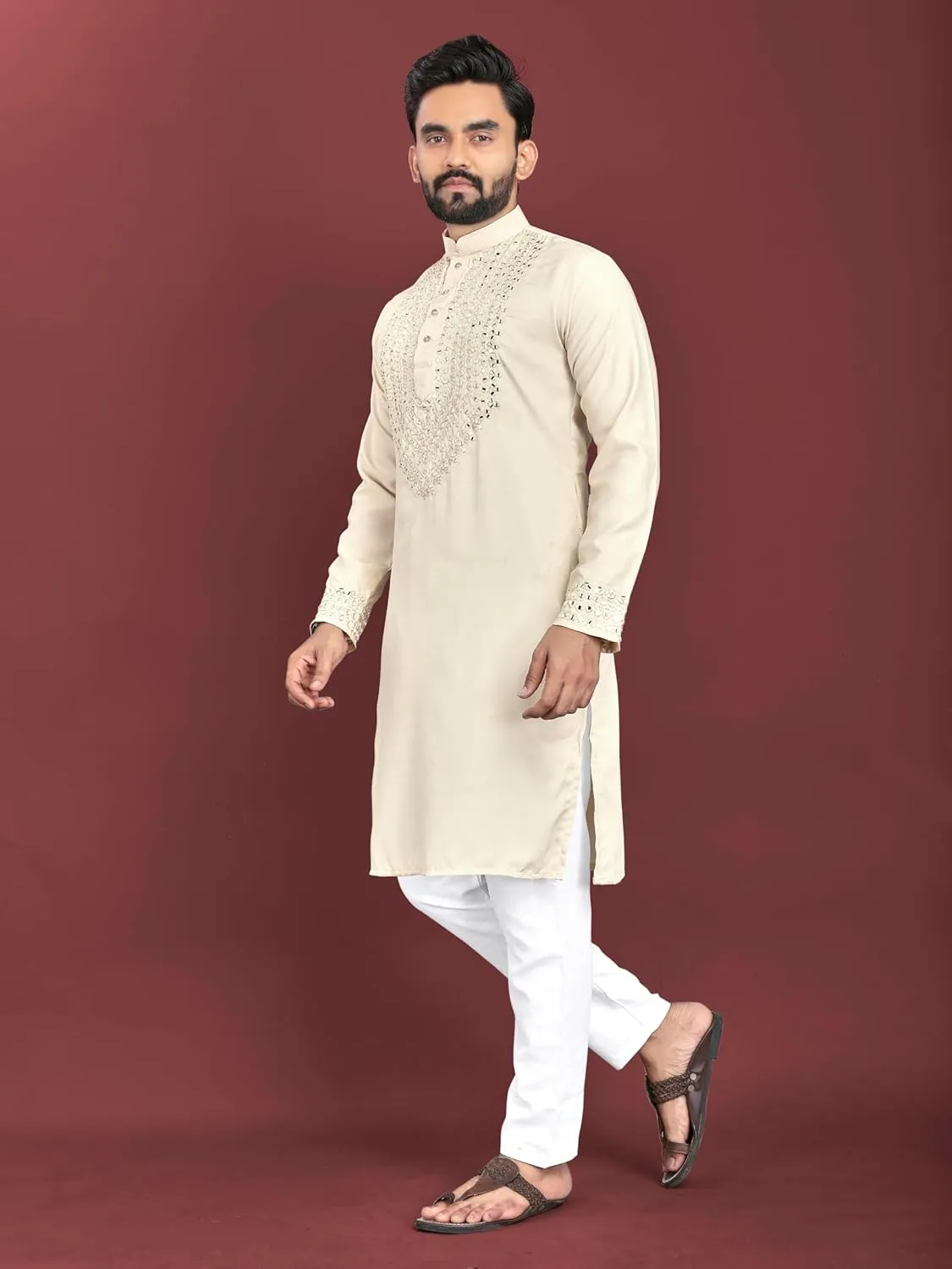 Men's Kurta set mirror work with Pajama for indian festival wedding Soft Silk Ethnic Wear (BB-KN) (White, Large)