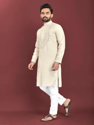 Men's Kurta set mirror work with Pajama for indian festival wedding Soft Silk Ethnic Wear (BB-KN) (White, Large)