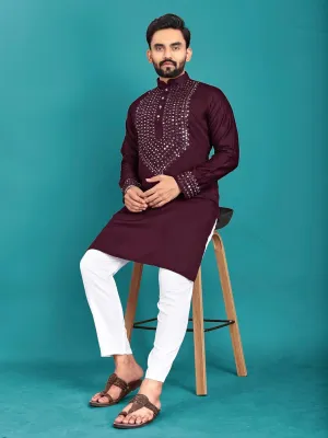 Men's Kurta set mirror work with Pajama for indian festival wedding Soft Silk Ethnic Wear (BB-KN) (Wine, X-Large)