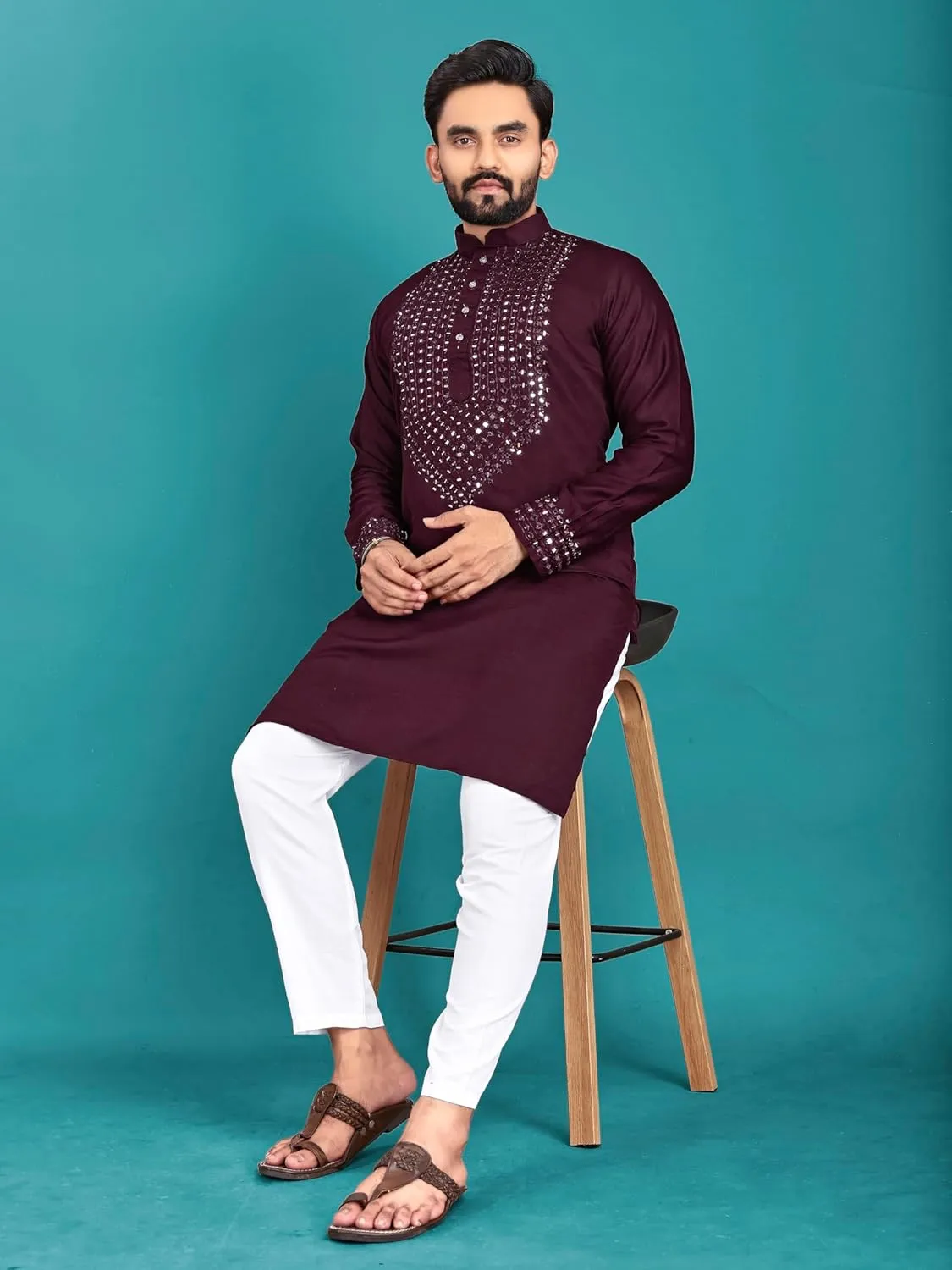 Men's Kurta set mirror work with Pajama for indian festival wedding Soft Silk Ethnic Wear (BB-KN) (Wine, X-Large)