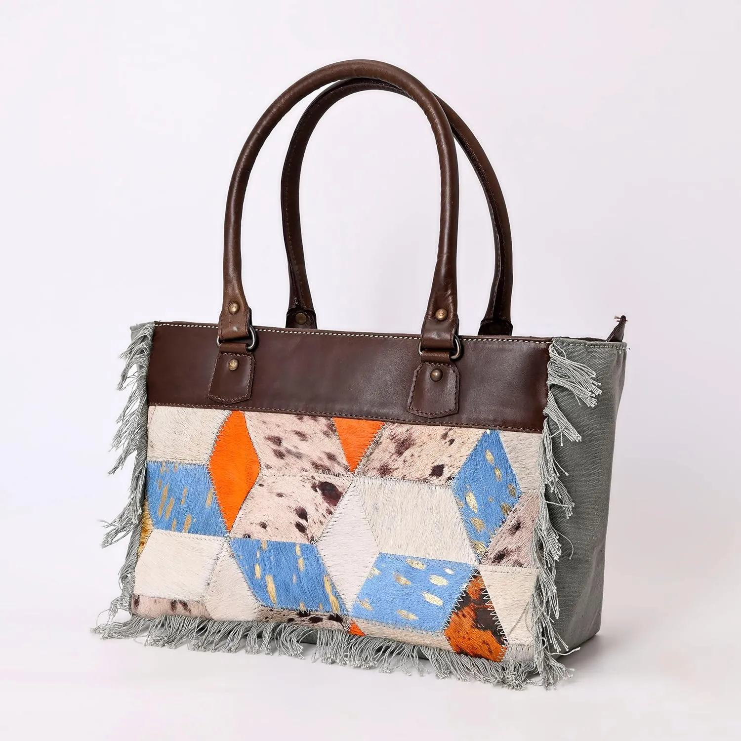 Merba Women's Designer hand Tooled Cowhide Leather With Azetic Patched Front Double Handle Hobo Bag Purse