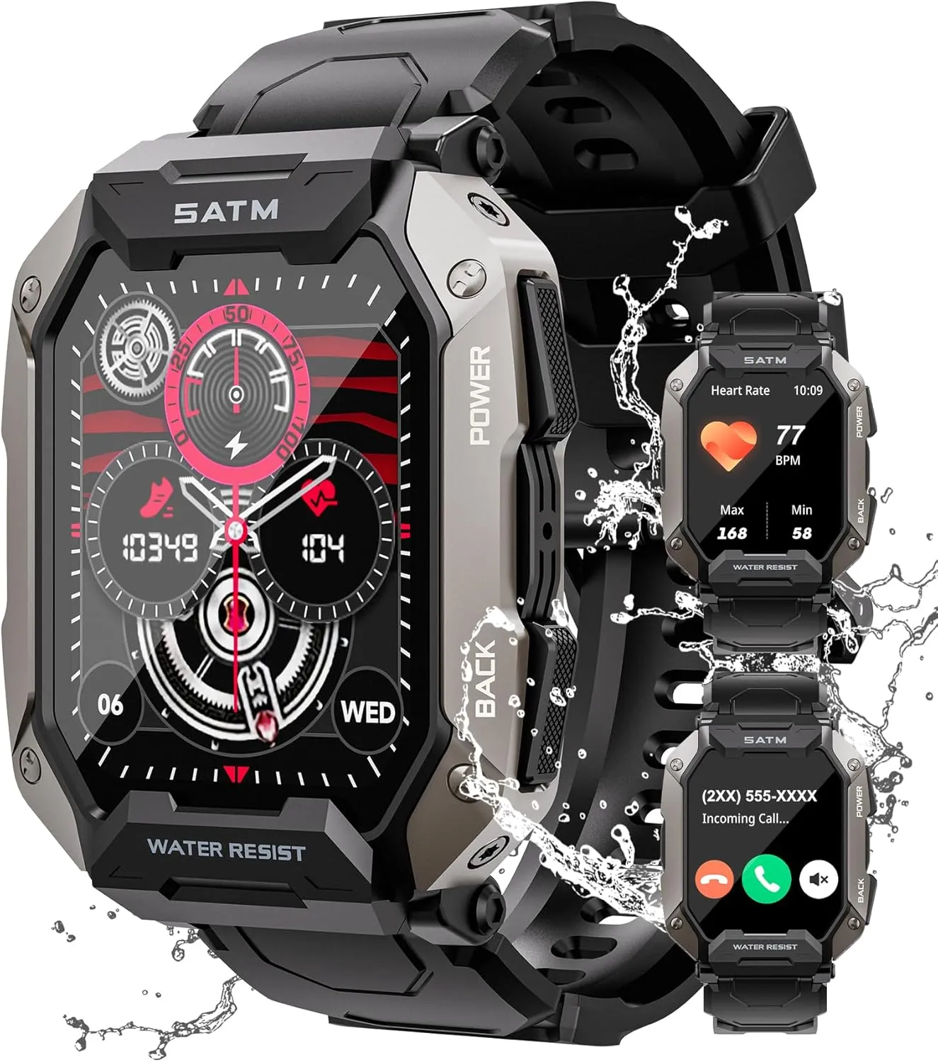 Military Smart Watches for Men, 2.01'' HD Display with Bluetooth Calls 100  Sport Modes, IP68 Waterproof for Swimming Fitness Smart Watch for Android and iPhone Smartwatch, Black